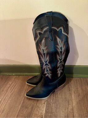 BEAST FASHION Black Western Cowboy/Cowgirl Embroidered Knee-High Boots